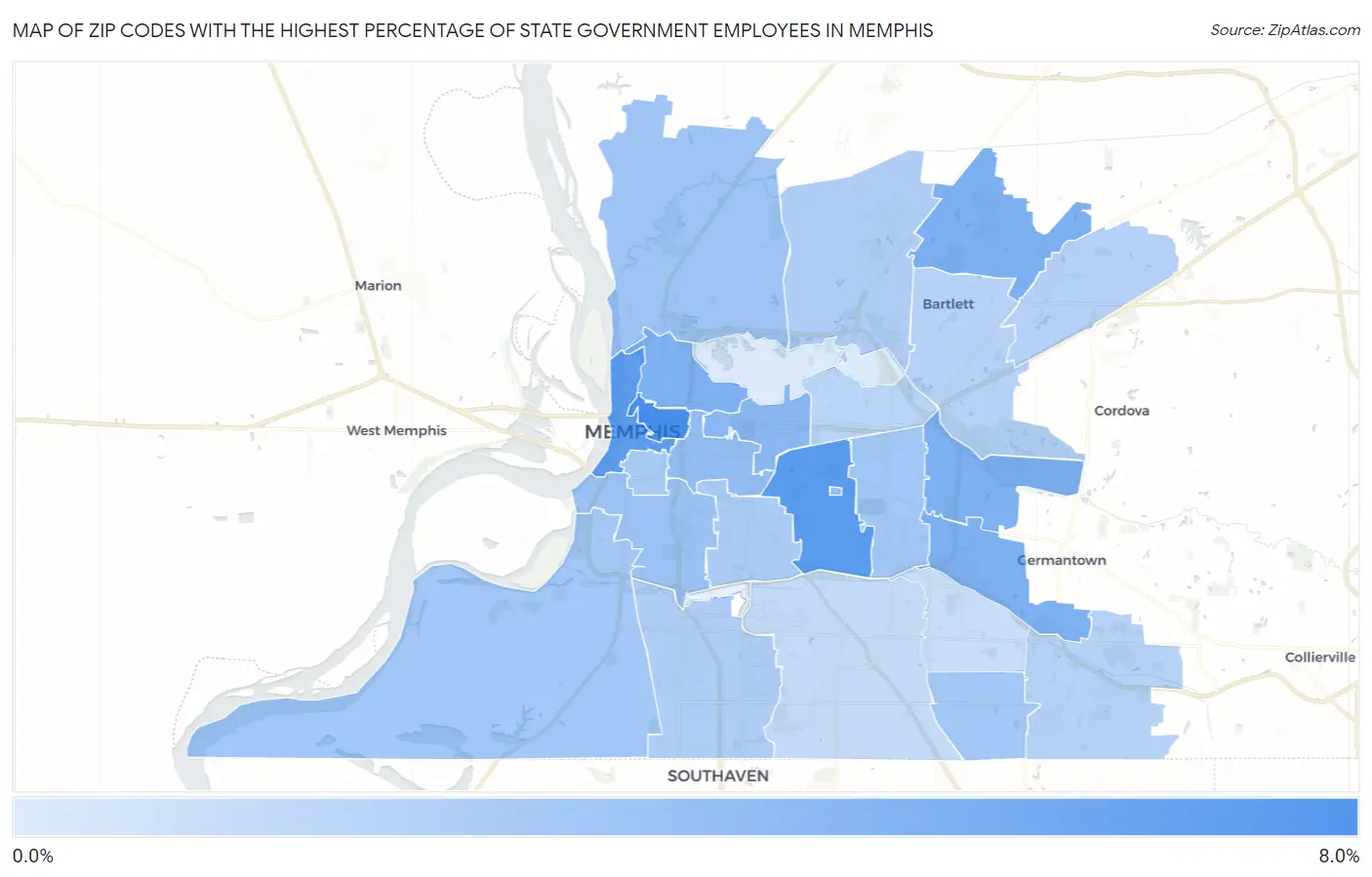 Zip Codes with the Highest Percentage of State Government Employees in Memphis Map