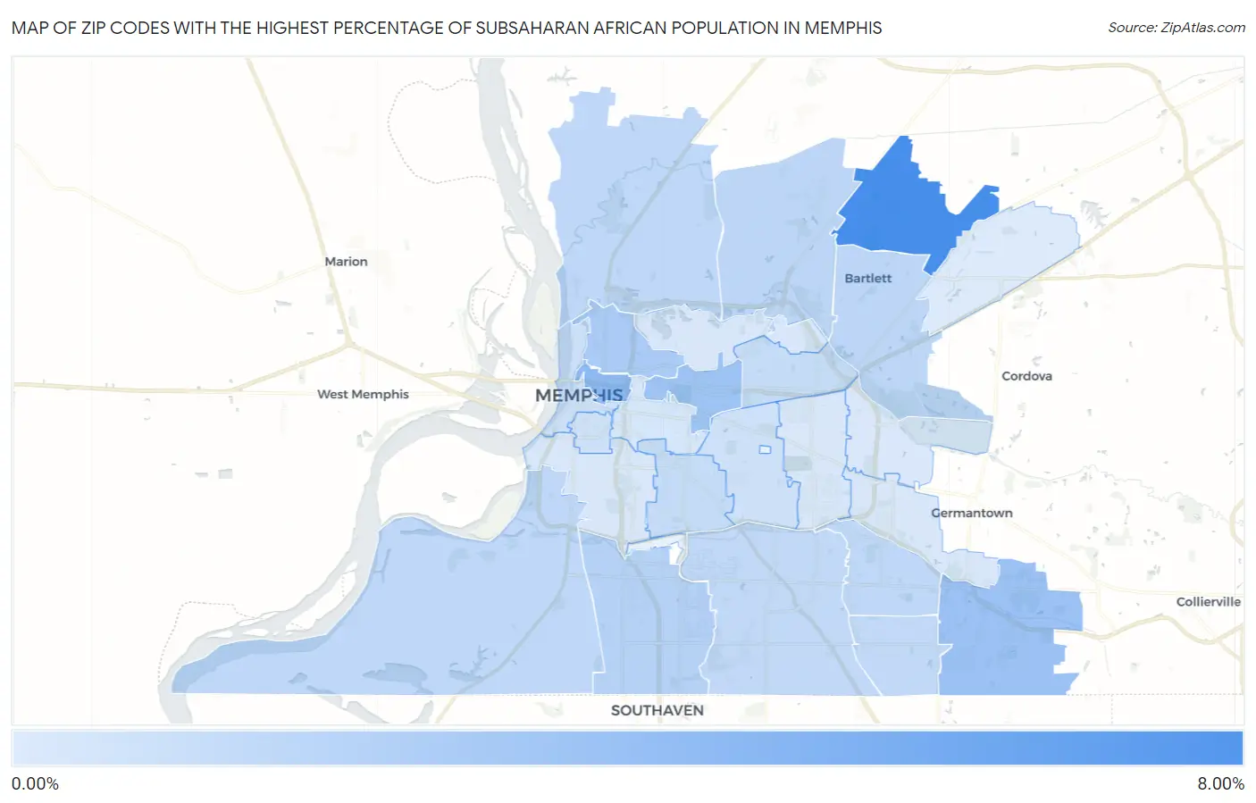 Zip Codes with the Highest Percentage of Subsaharan African Population in Memphis Map
