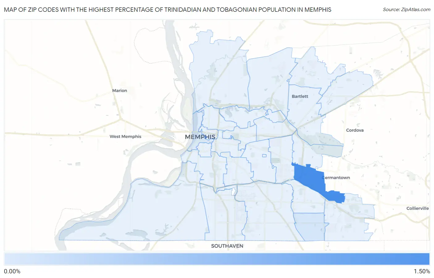 Zip Codes with the Highest Percentage of Trinidadian and Tobagonian Population in Memphis Map
