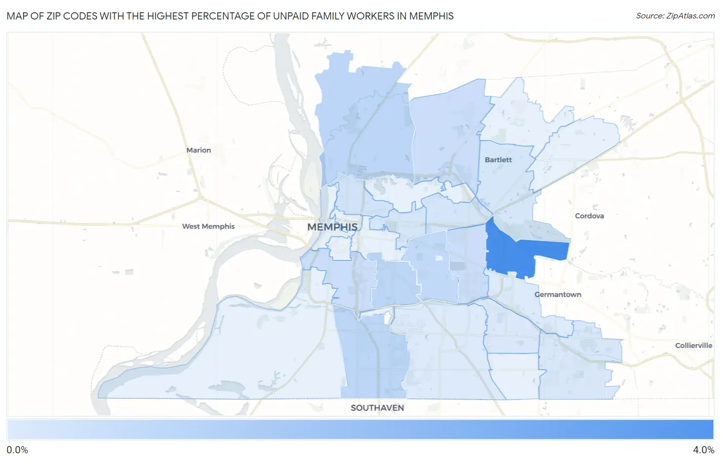 Zip Codes with the Highest Percentage of Unpaid Family Workers in Memphis Map
