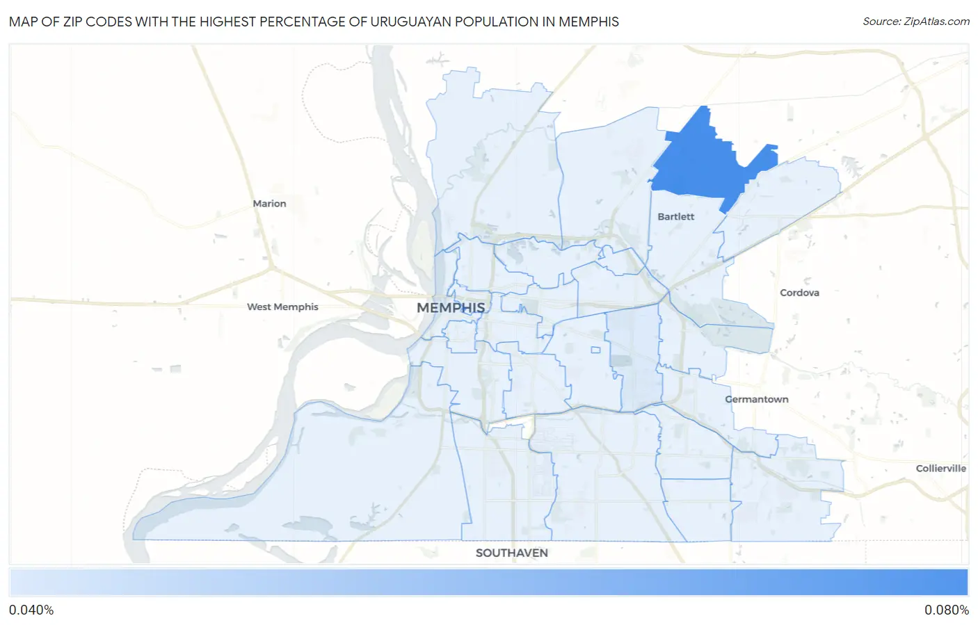 Zip Codes with the Highest Percentage of Uruguayan Population in Memphis Map