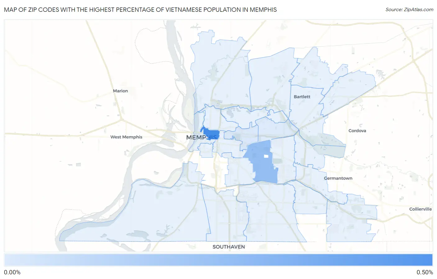 Zip Codes with the Highest Percentage of Vietnamese Population in Memphis Map