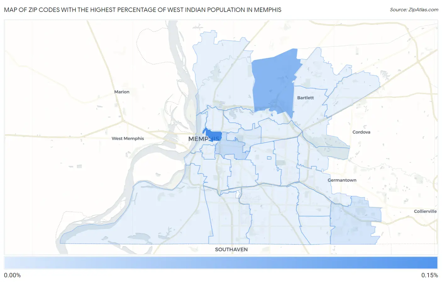 Zip Codes with the Highest Percentage of West Indian Population in Memphis Map