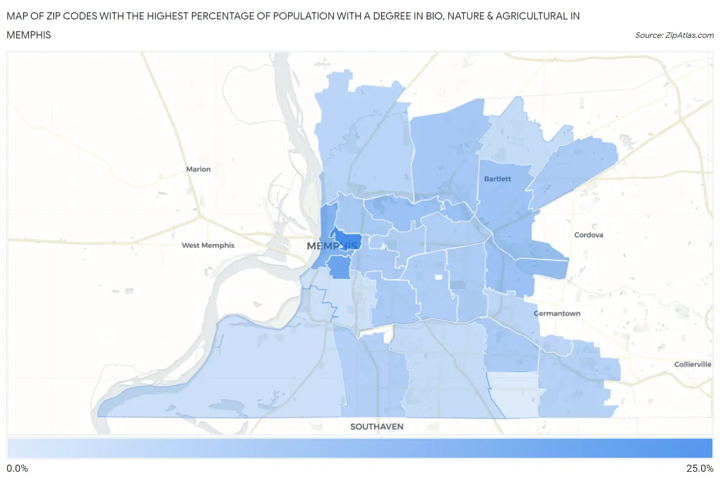 Zip Codes with the Highest Percentage of Population with a Degree in Bio, Nature & Agricultural in Memphis Map