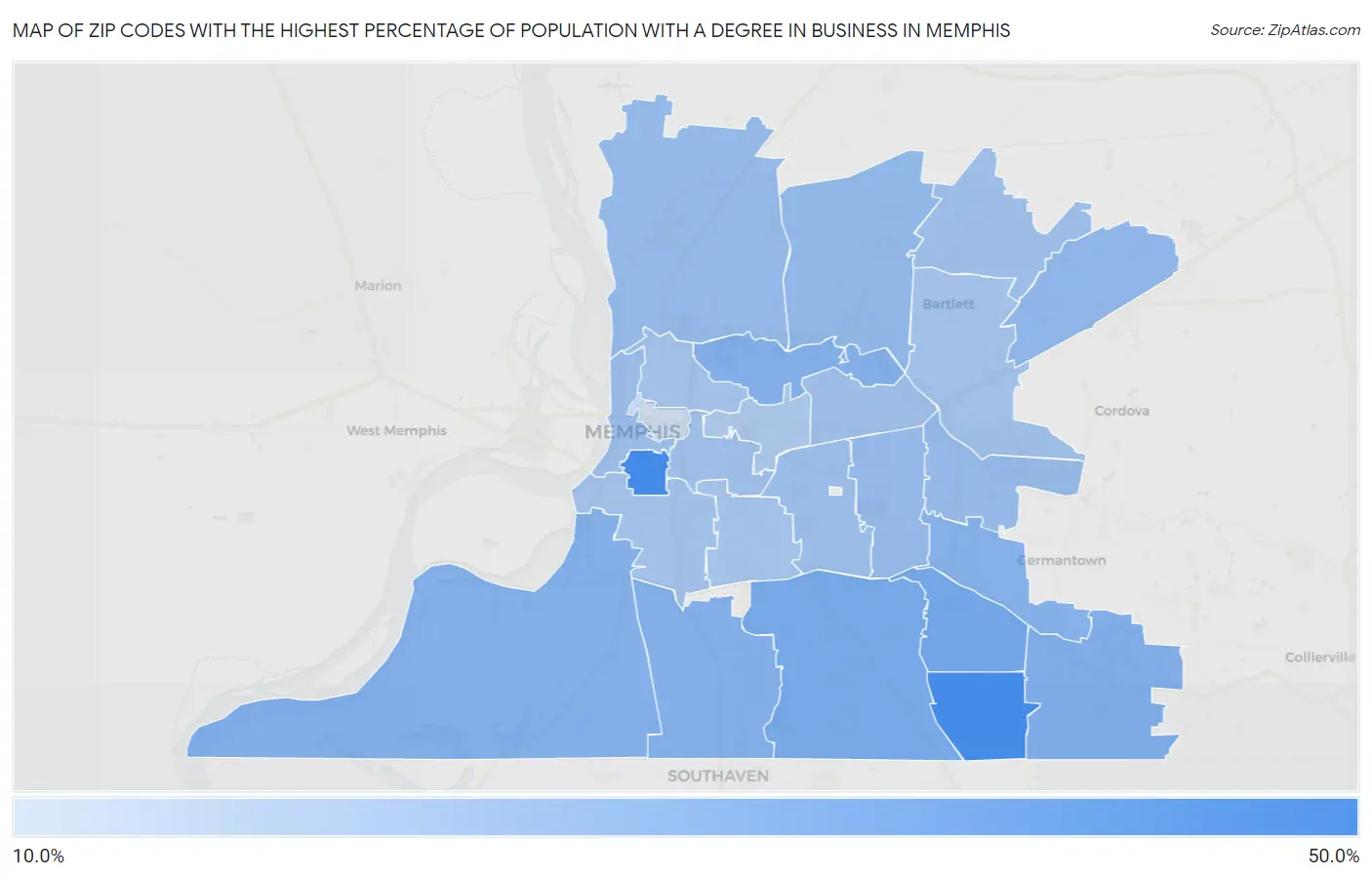 Zip Codes with the Highest Percentage of Population with a Degree in Business in Memphis Map