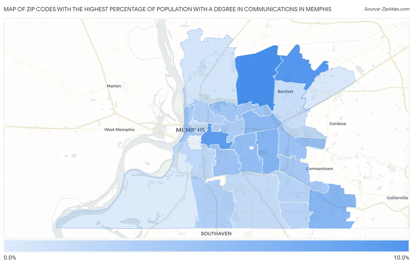 Zip Codes with the Highest Percentage of Population with a Degree in Communications in Memphis Map
