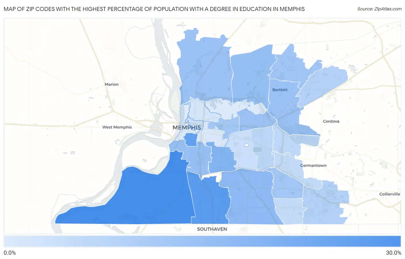 Zip Codes with the Highest Percentage of Population with a Degree in Education in Memphis Map