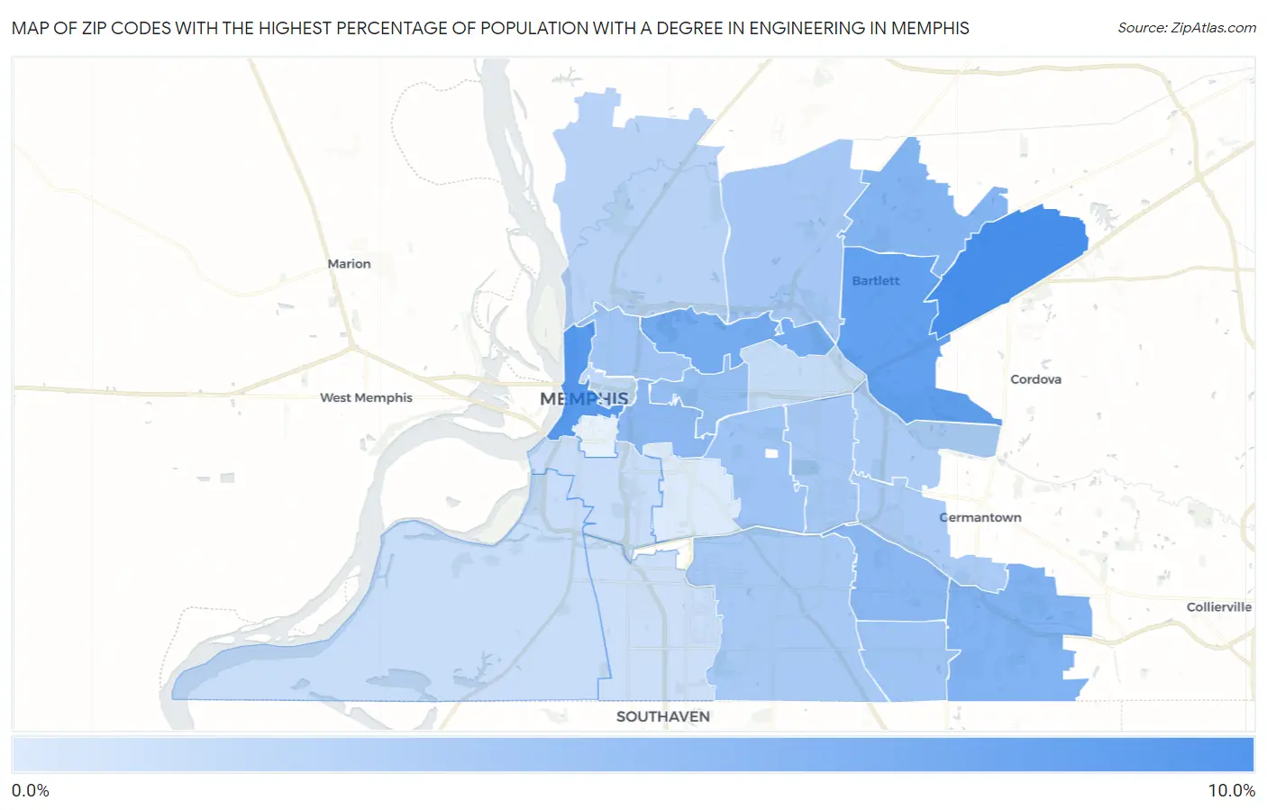 Zip Codes with the Highest Percentage of Population with a Degree in Engineering in Memphis Map