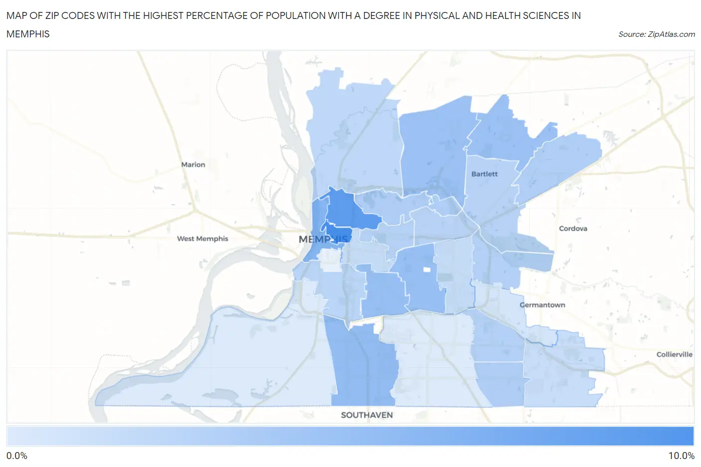 Zip Codes with the Highest Percentage of Population with a Degree in Physical and Health Sciences in Memphis Map