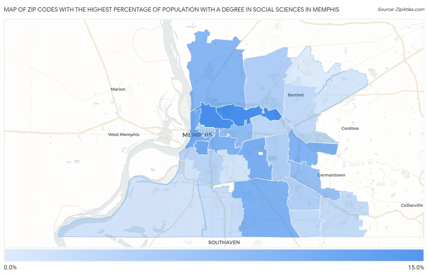 Zip Codes with the Highest Percentage of Population with a Degree in Social Sciences in Memphis Map