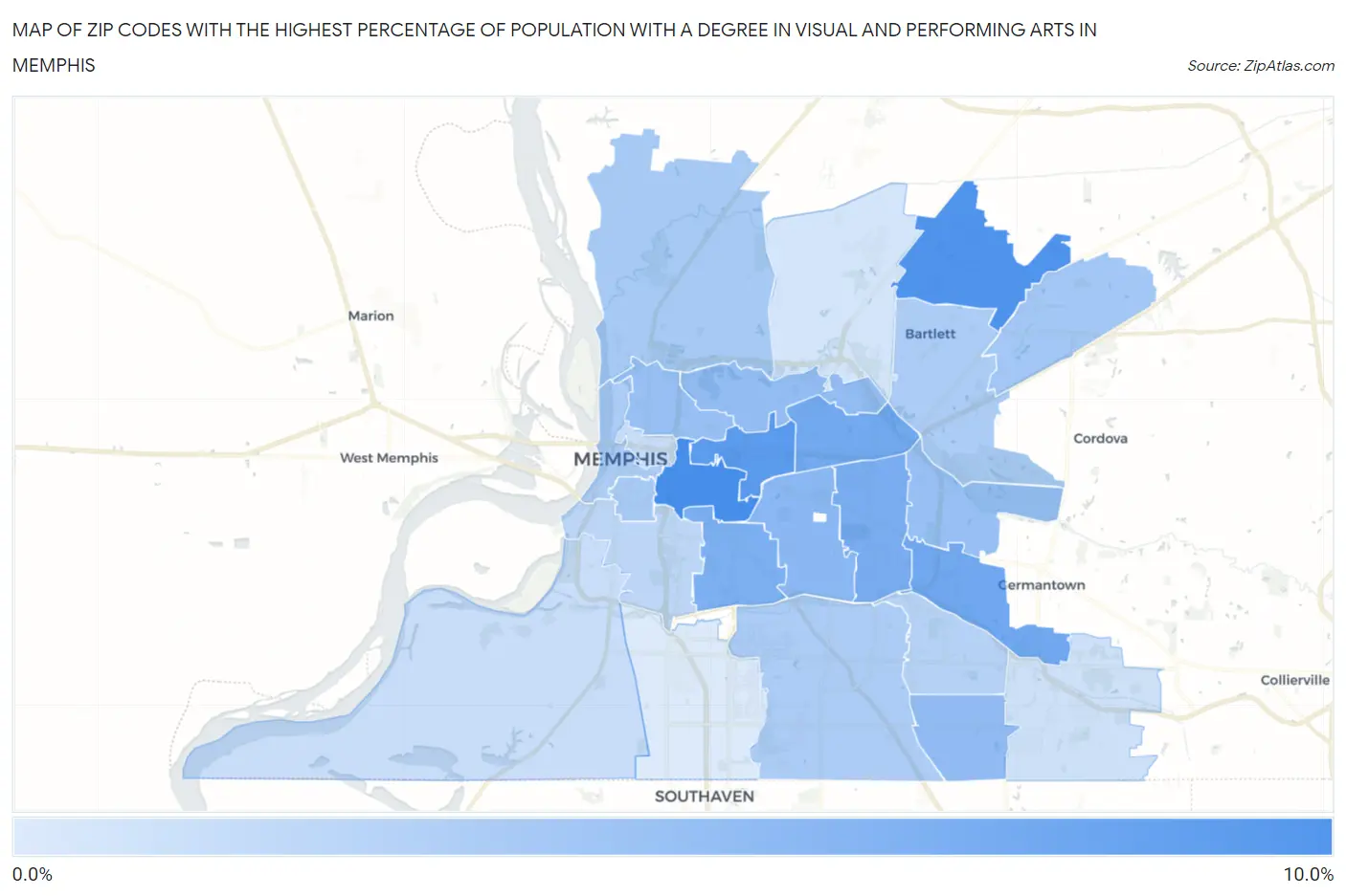 Zip Codes with the Highest Percentage of Population with a Degree in Visual and Performing Arts in Memphis Map