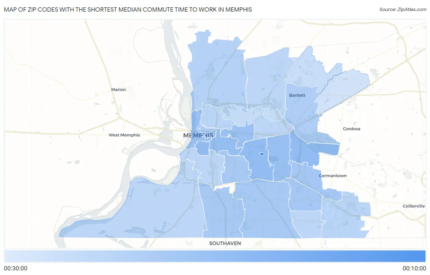 Zip Codes with the Shortest Median Commute Time to Work in Memphis Map