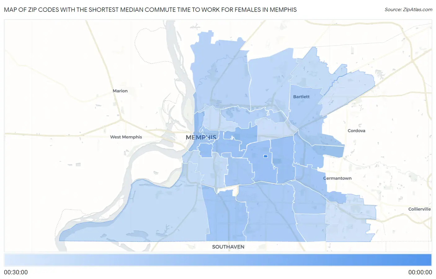 Zip Codes with the Shortest Median Commute Time to Work for Females in Memphis Map
