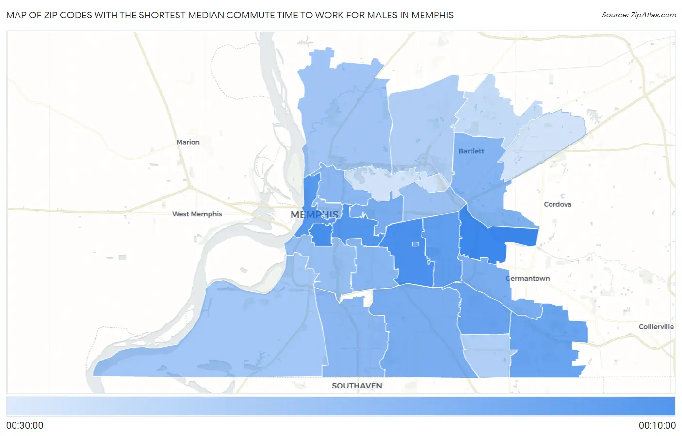 Zip Codes with the Shortest Median Commute Time to Work for Males in Memphis Map