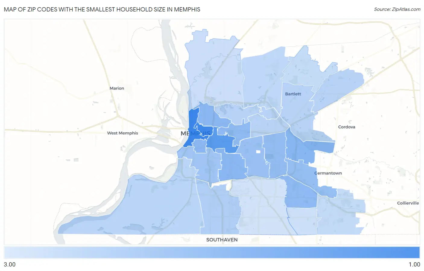 Zip Codes with the Smallest Household Size in Memphis Map