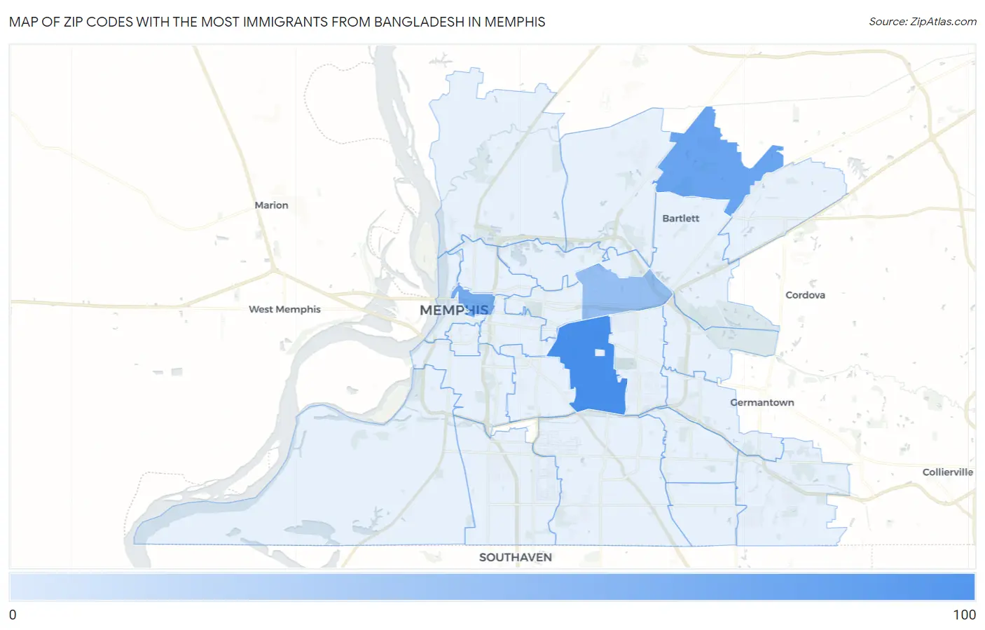 Zip Codes with the Most Immigrants from Bangladesh in Memphis Map