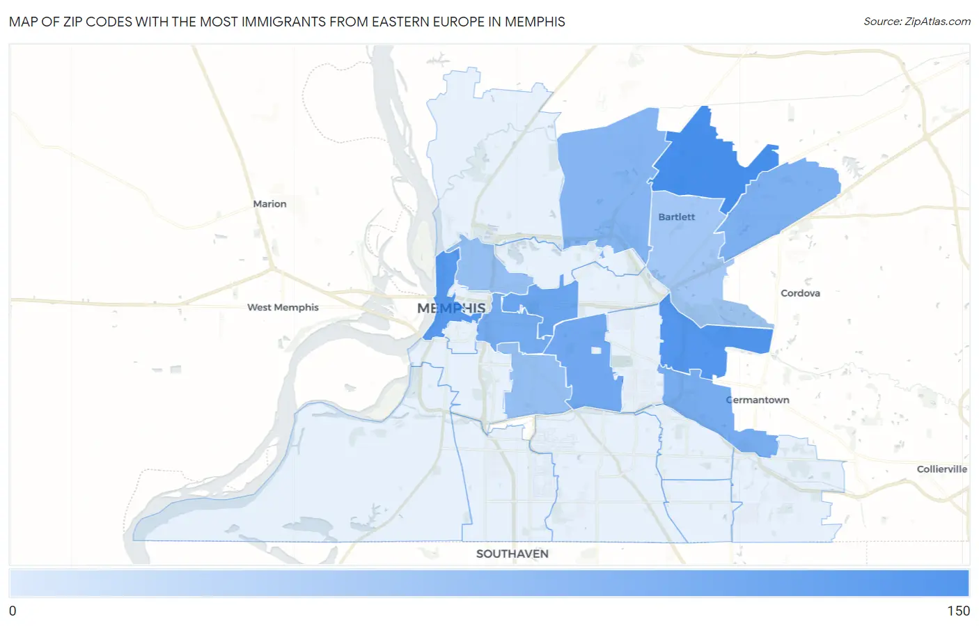 Zip Codes with the Most Immigrants from Eastern Europe in Memphis Map