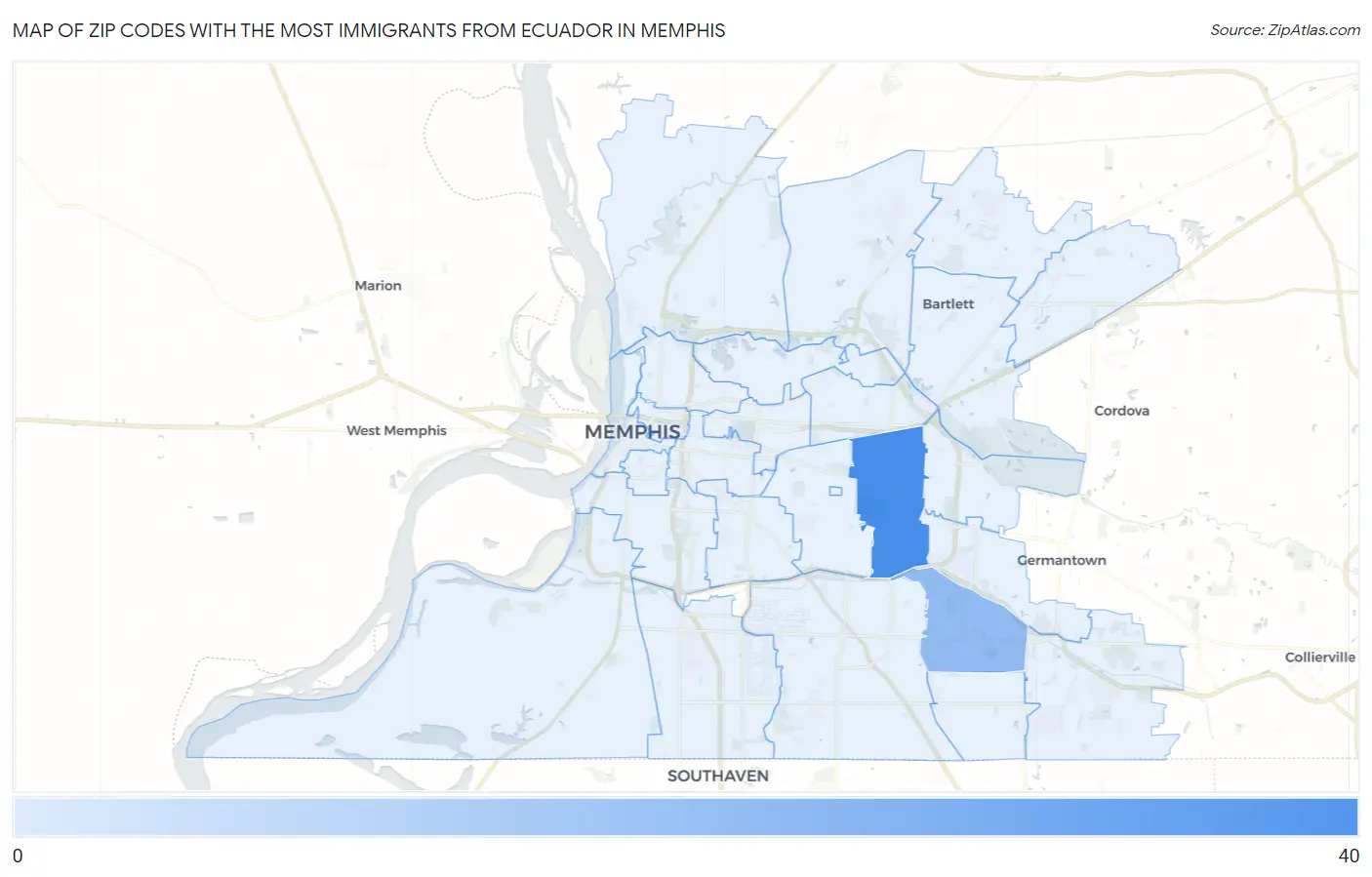 Zip Codes with the Most Immigrants from Ecuador in Memphis Map