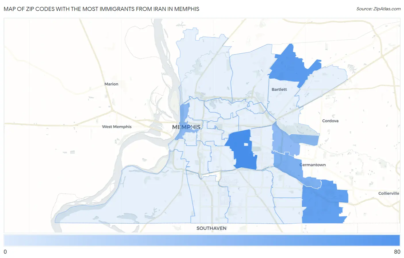 Zip Codes with the Most Immigrants from Iran in Memphis Map