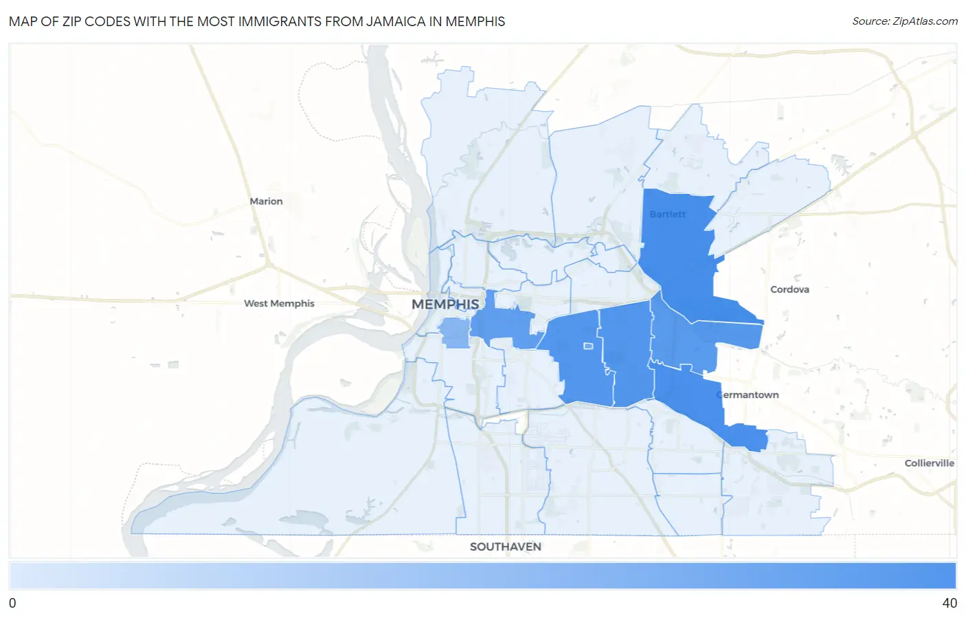 Zip Codes with the Most Immigrants from Jamaica in Memphis Map