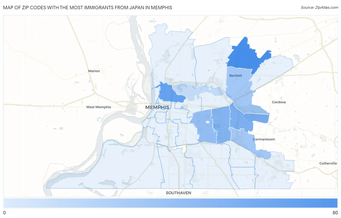 Zip Codes with the Most Immigrants from Japan in Memphis Map