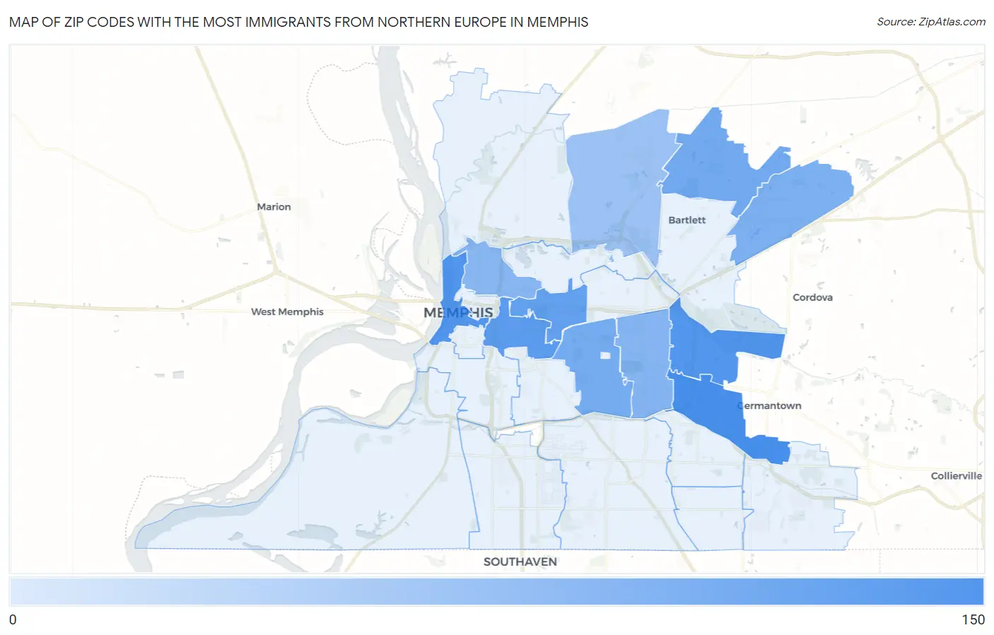 Zip Codes with the Most Immigrants from Northern Europe in Memphis Map
