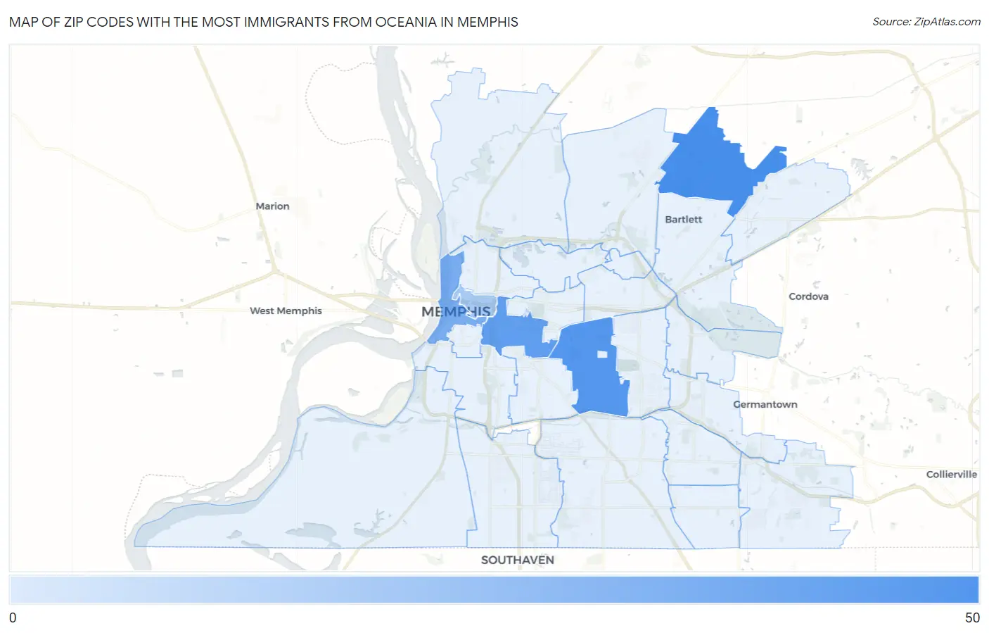 Zip Codes with the Most Immigrants from Oceania in Memphis Map