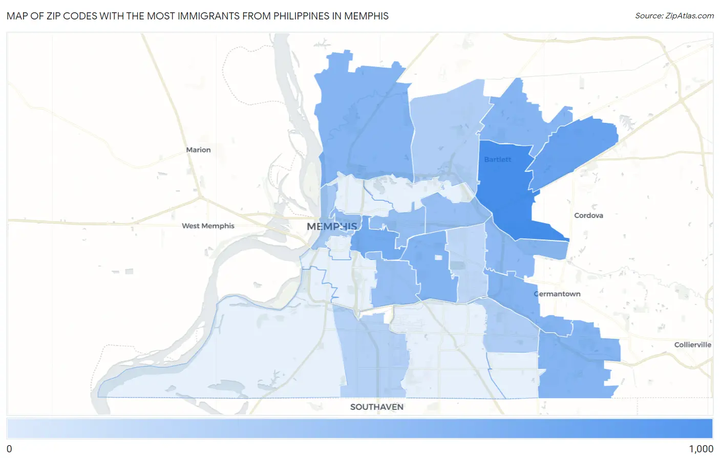 Zip Codes with the Most Immigrants from Philippines in Memphis Map
