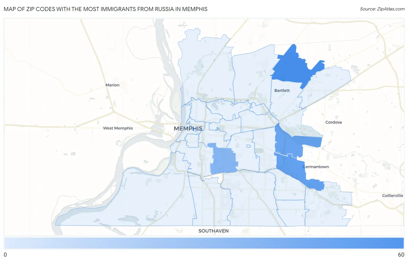 Zip Codes with the Most Immigrants from Russia in Memphis Map