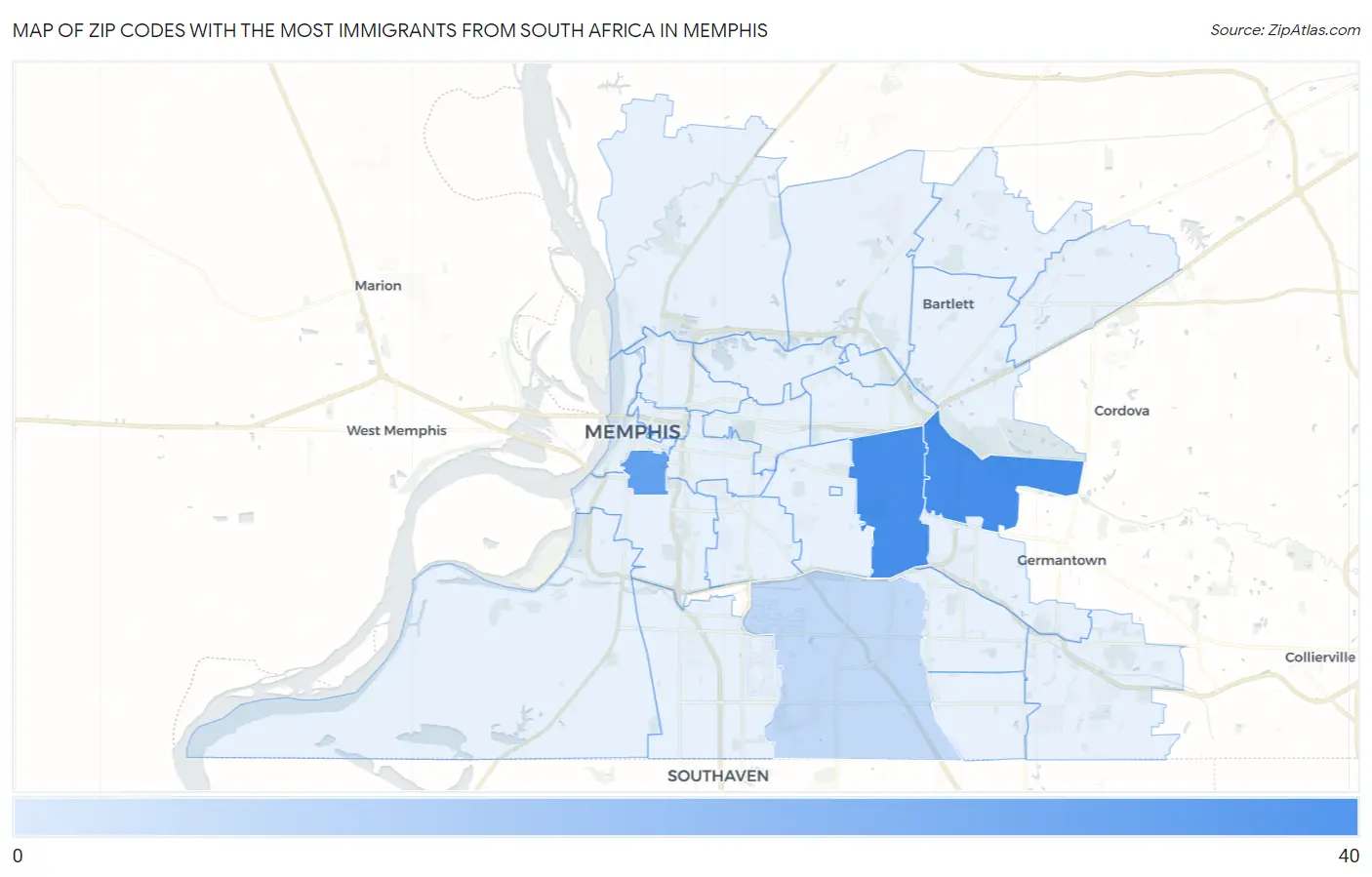 Zip Codes with the Most Immigrants from South Africa in Memphis Map