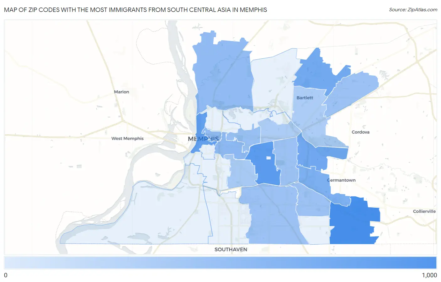 Zip Codes with the Most Immigrants from South Central Asia in Memphis Map