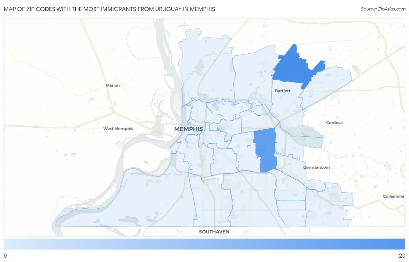 Zip Codes with the Most Immigrants from Uruguay in Memphis Map