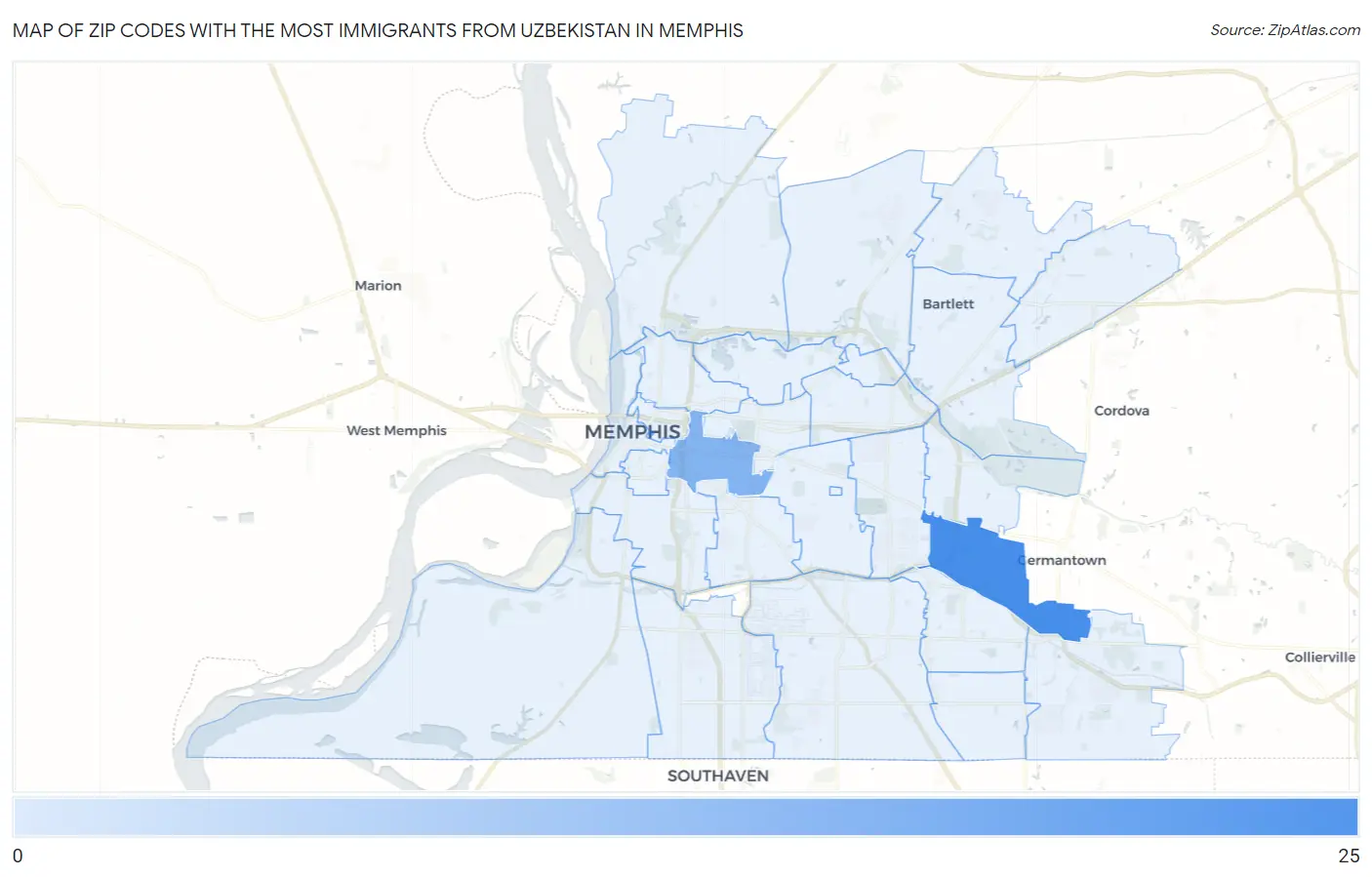 Zip Codes with the Most Immigrants from Uzbekistan in Memphis Map