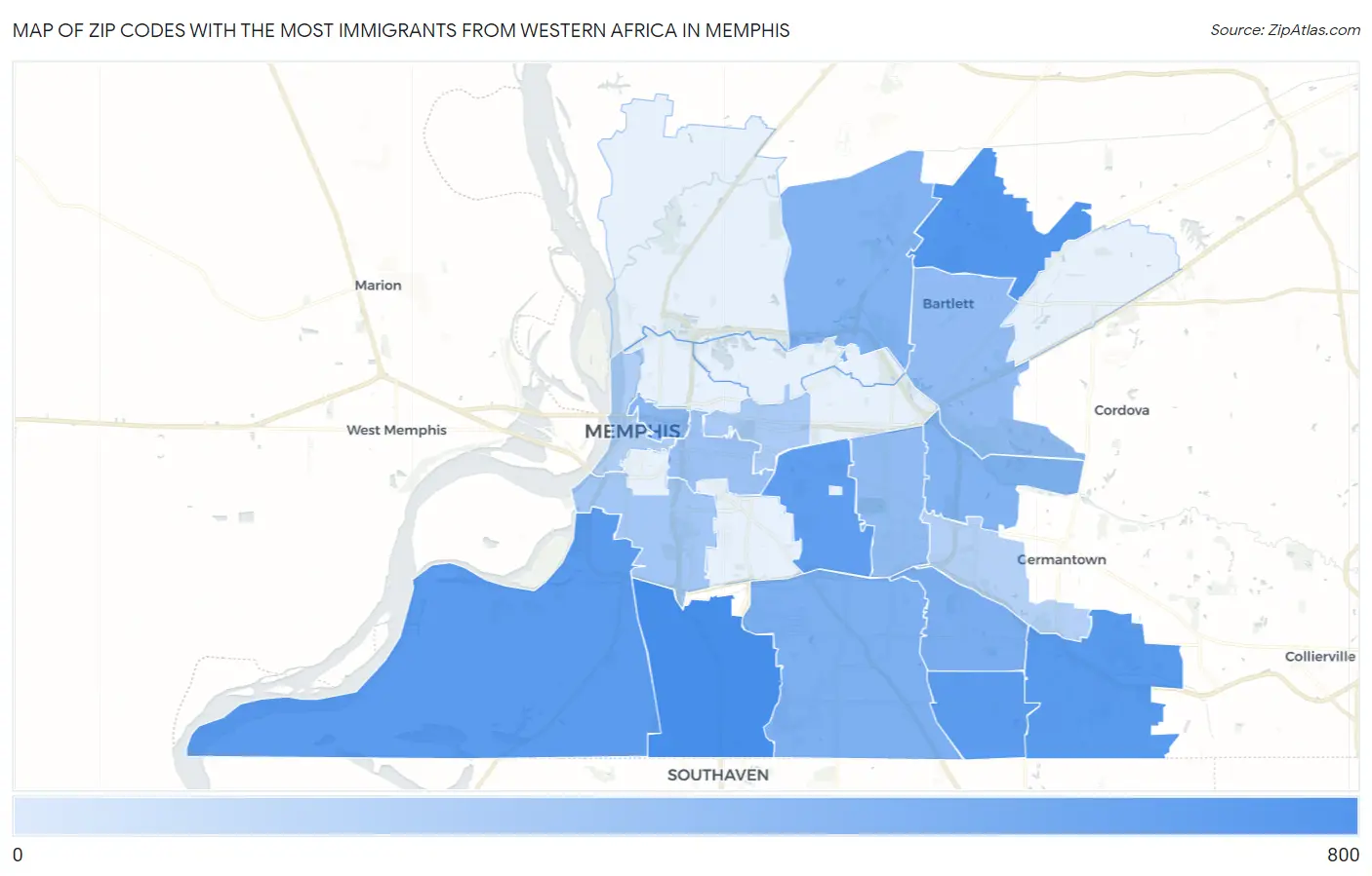 Zip Codes with the Most Immigrants from Western Africa in Memphis Map