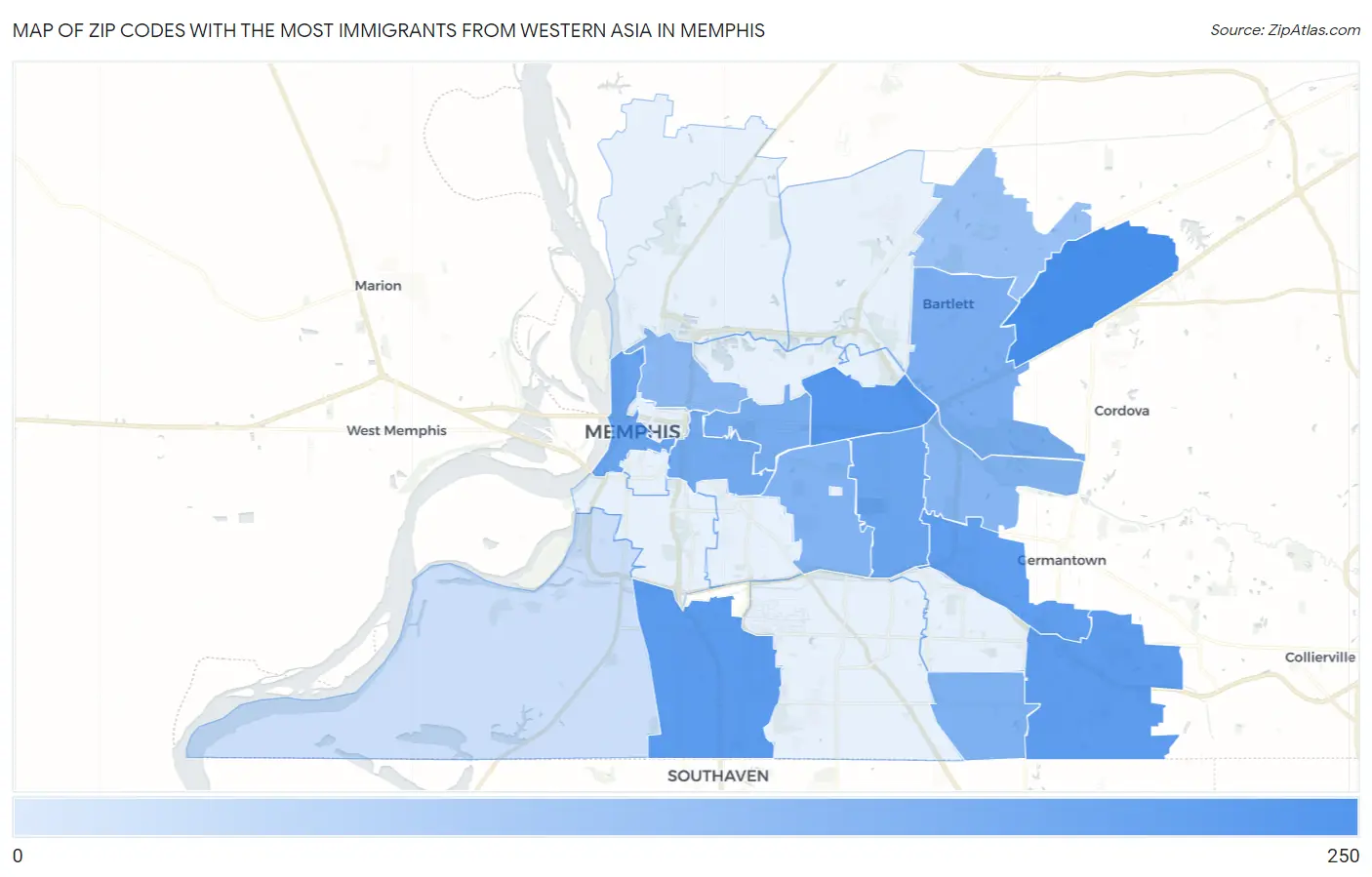 Zip Codes with the Most Immigrants from Western Asia in Memphis Map