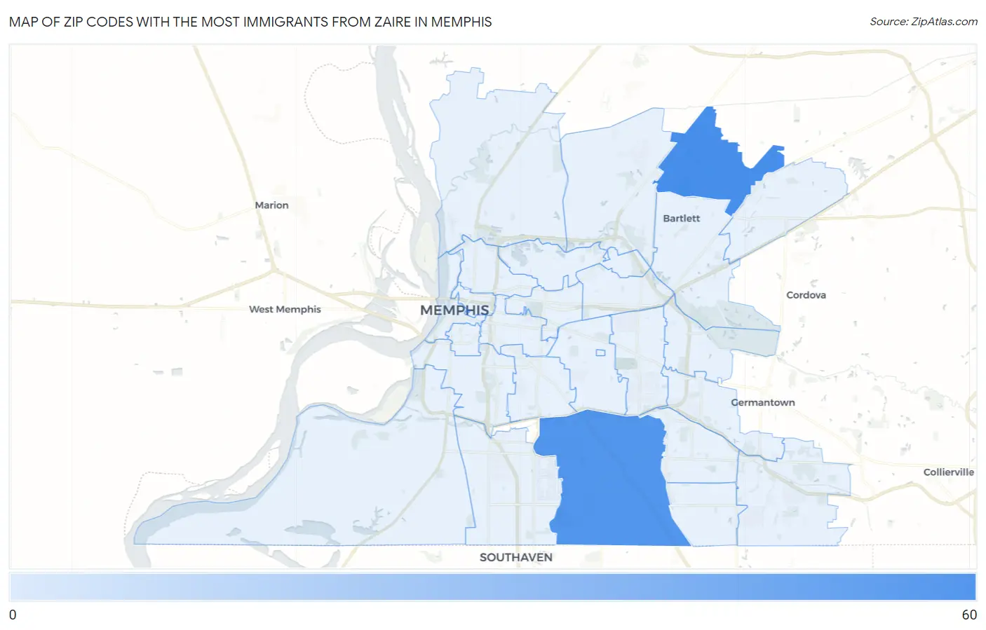 Zip Codes with the Most Immigrants from Zaire in Memphis Map