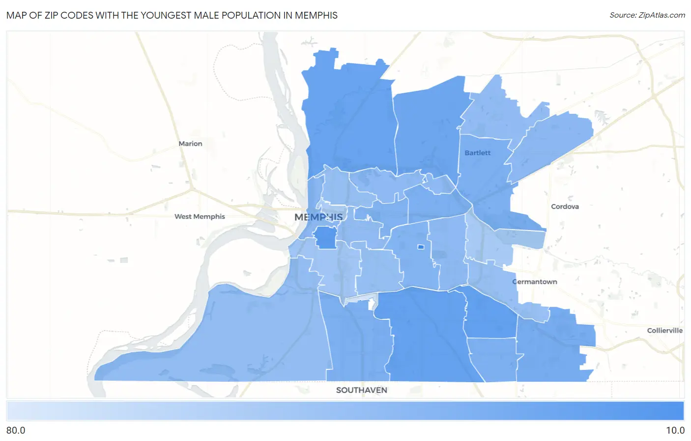 Zip Codes with the Youngest Male Population in Memphis Map