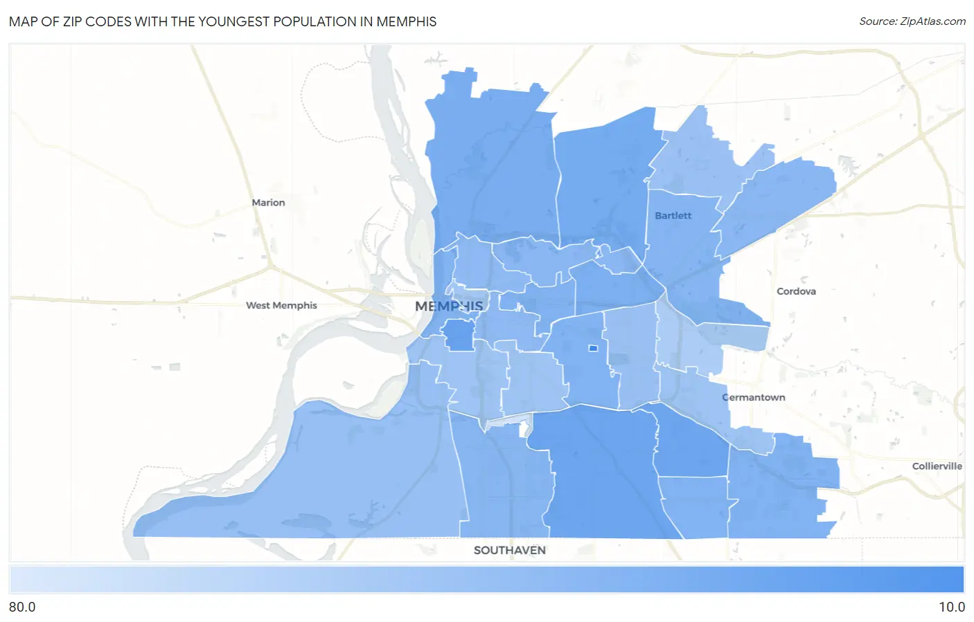 Zip Codes with the Youngest Population in Memphis Map