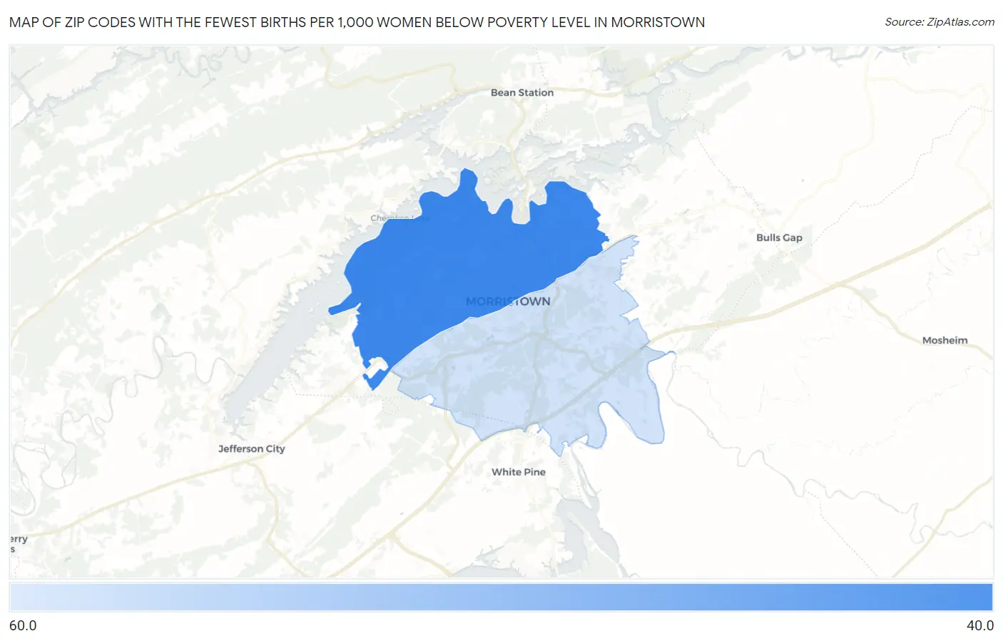 Zip Codes with the Fewest Births per 1,000 Women Below Poverty Level in Morristown Map