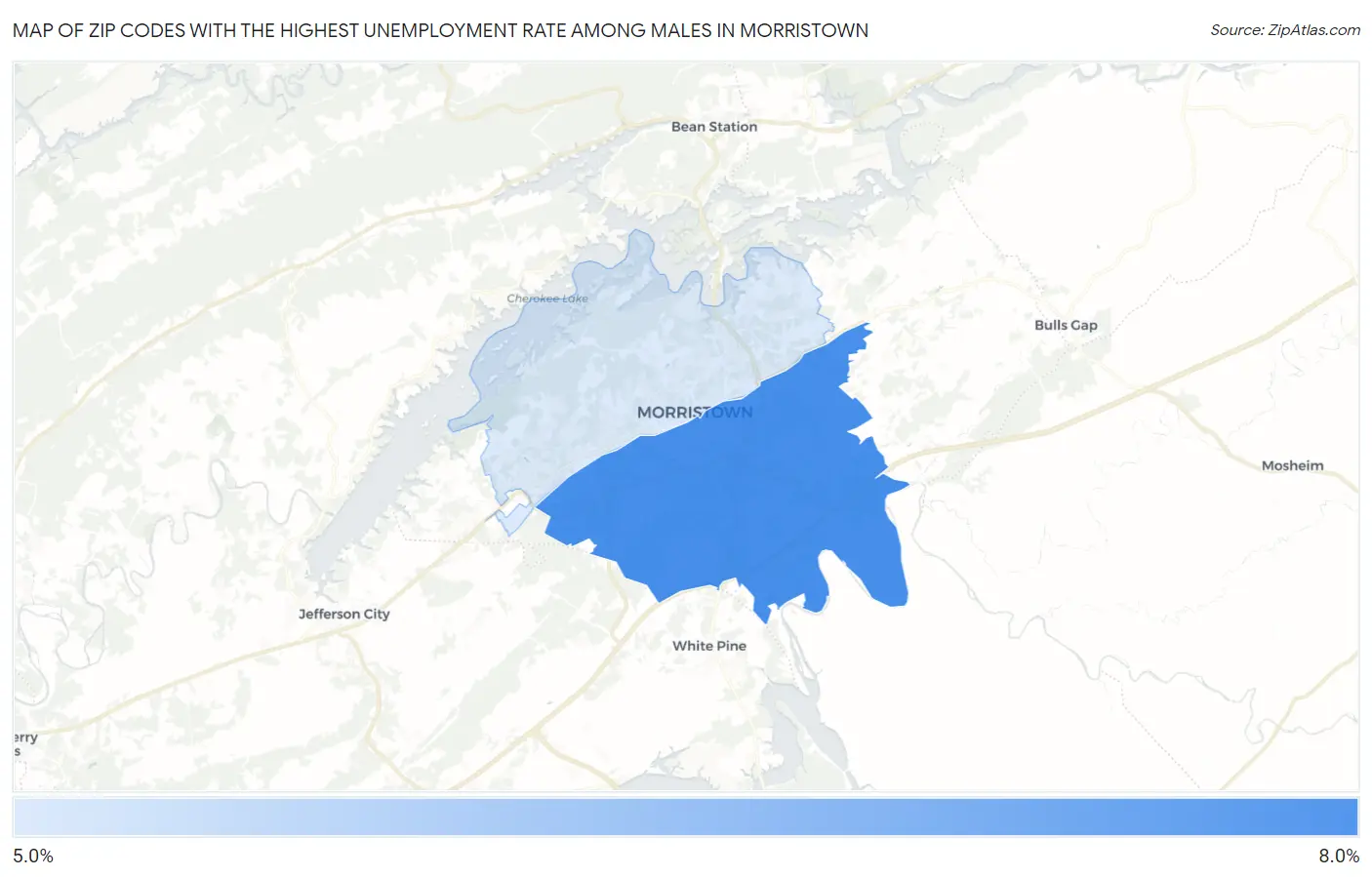 Zip Codes with the Highest Unemployment Rate Among Males in Morristown Map