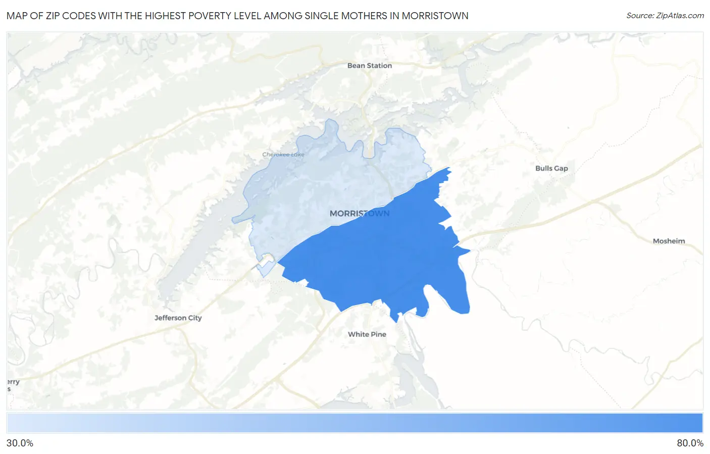 Zip Codes with the Highest Poverty Level Among Single Mothers in Morristown Map
