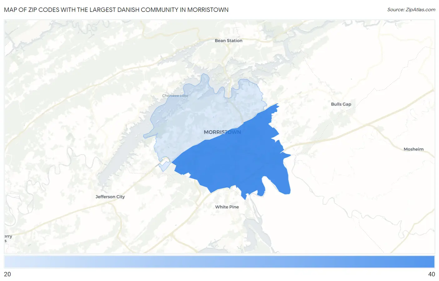 Zip Codes with the Largest Danish Community in Morristown Map