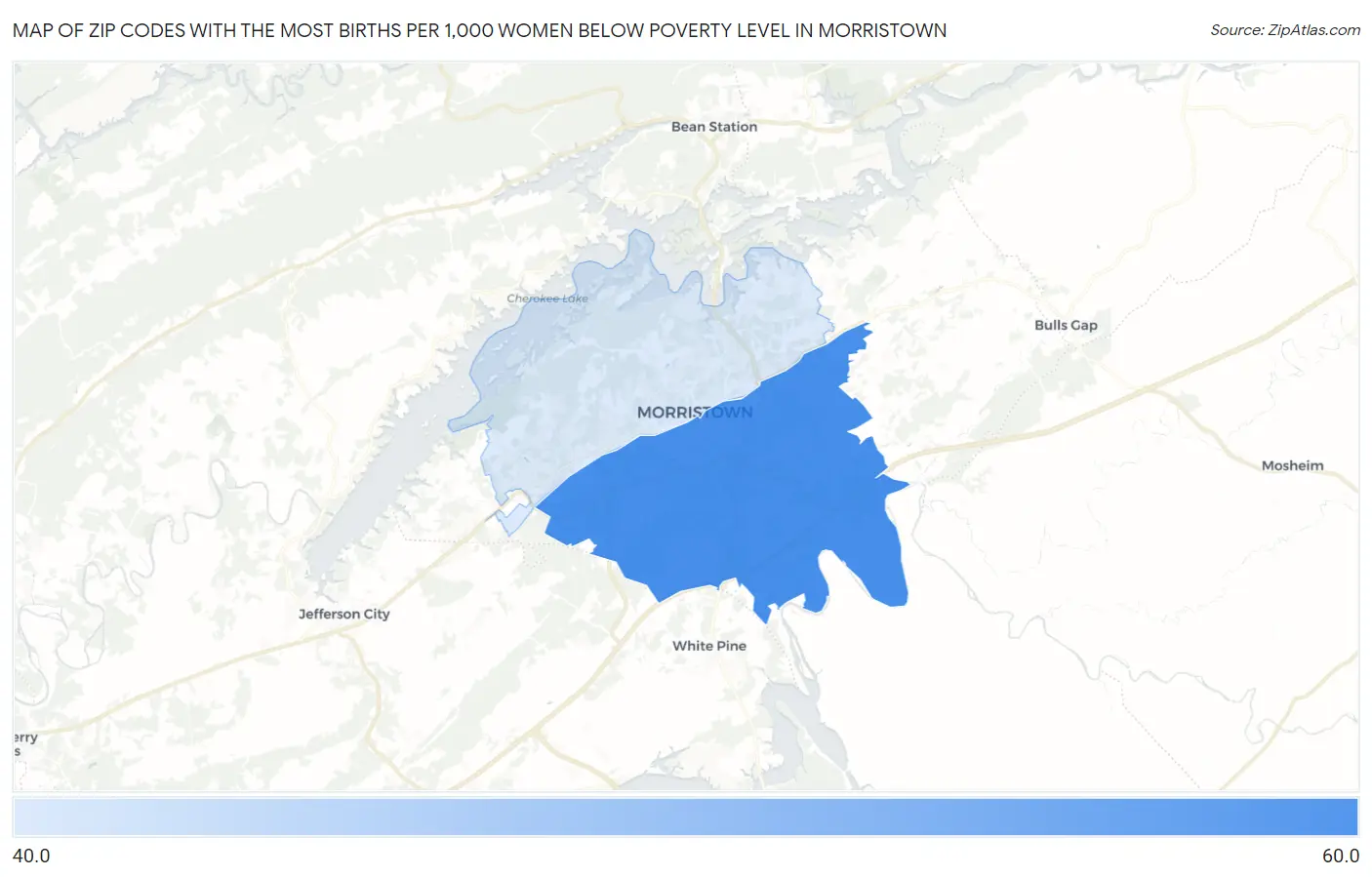 Zip Codes with the Most Births per 1,000 Women Below Poverty Level in Morristown Map