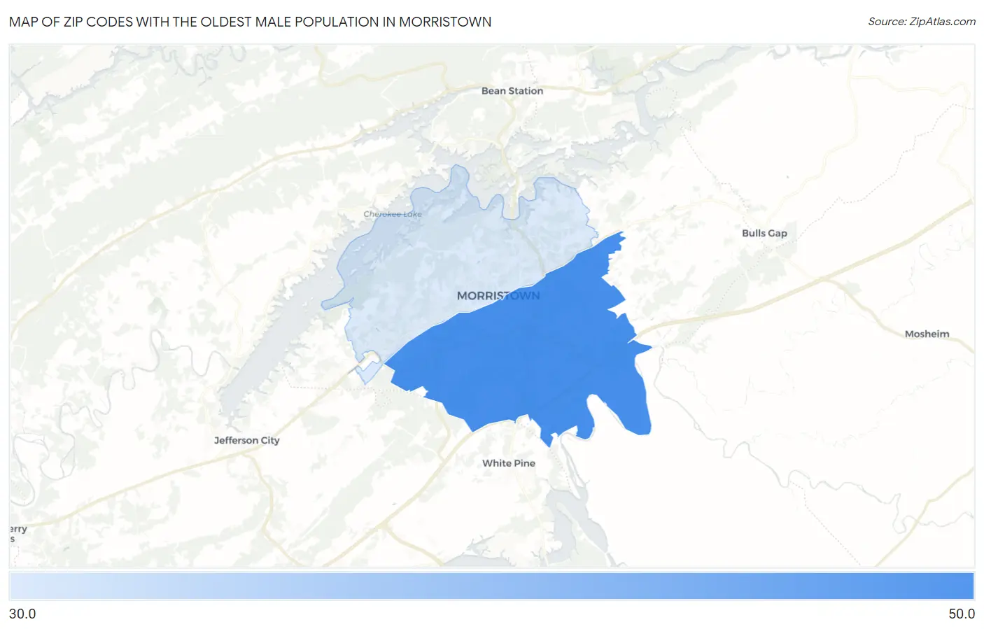 Zip Codes with the Oldest Male Population in Morristown Map