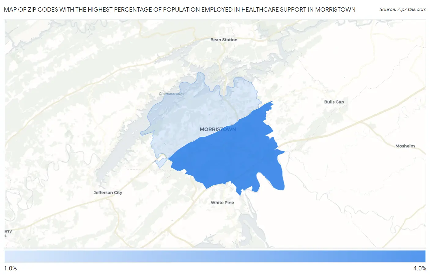 Zip Codes with the Highest Percentage of Population Employed in Healthcare Support in Morristown Map