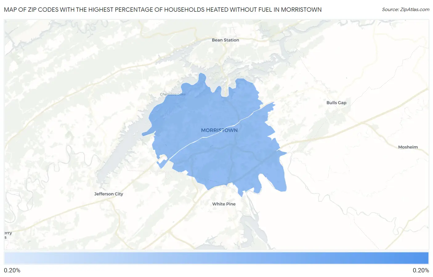 Zip Codes with the Highest Percentage of Households Heated without Fuel in Morristown Map