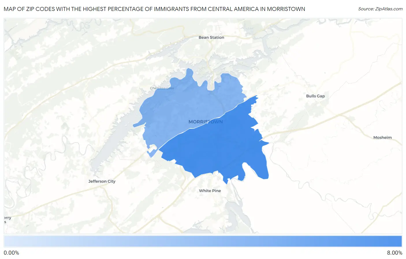 Zip Codes with the Highest Percentage of Immigrants from Central America in Morristown Map