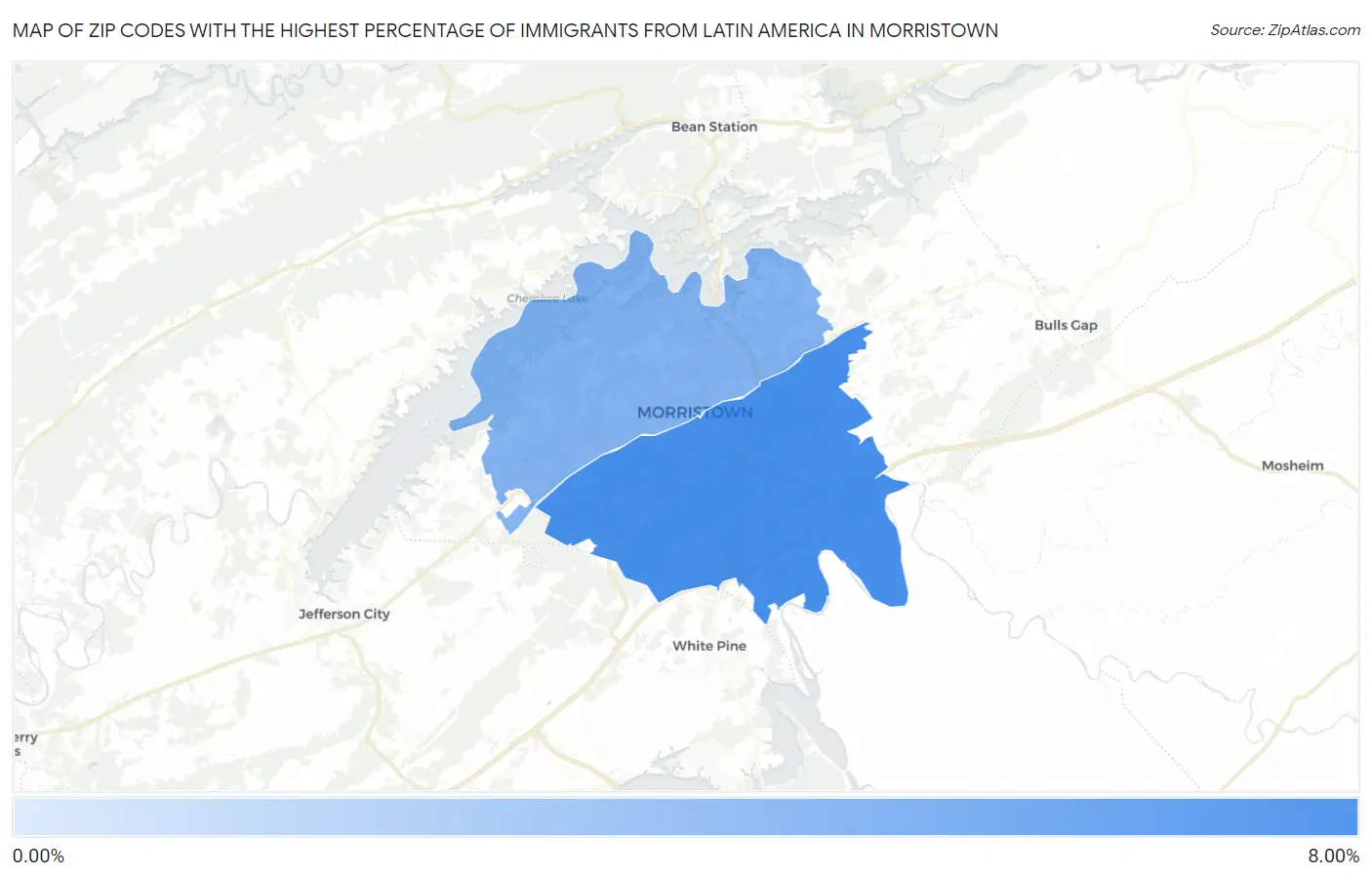 Zip Codes with the Highest Percentage of Immigrants from Latin America in Morristown Map