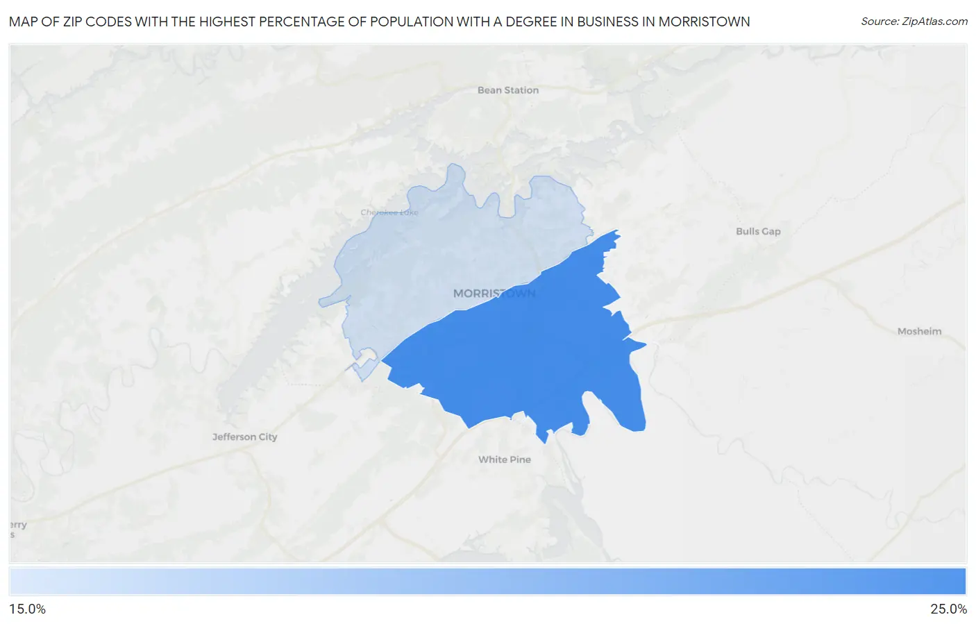 Zip Codes with the Highest Percentage of Population with a Degree in Business in Morristown Map