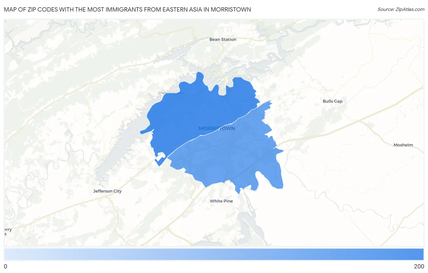 Zip Codes with the Most Immigrants from Eastern Asia in Morristown Map